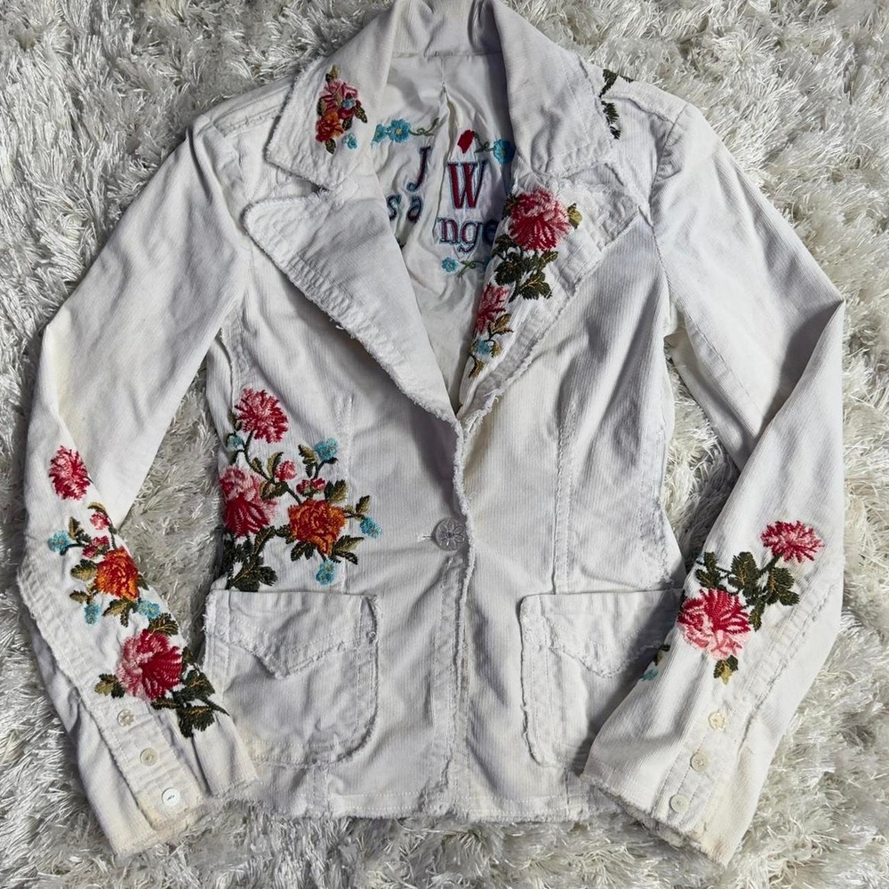 Vintage 2000s Johnny Was JWLA Ivory Corduroy Floral Embroidered Fitted Blazer XS